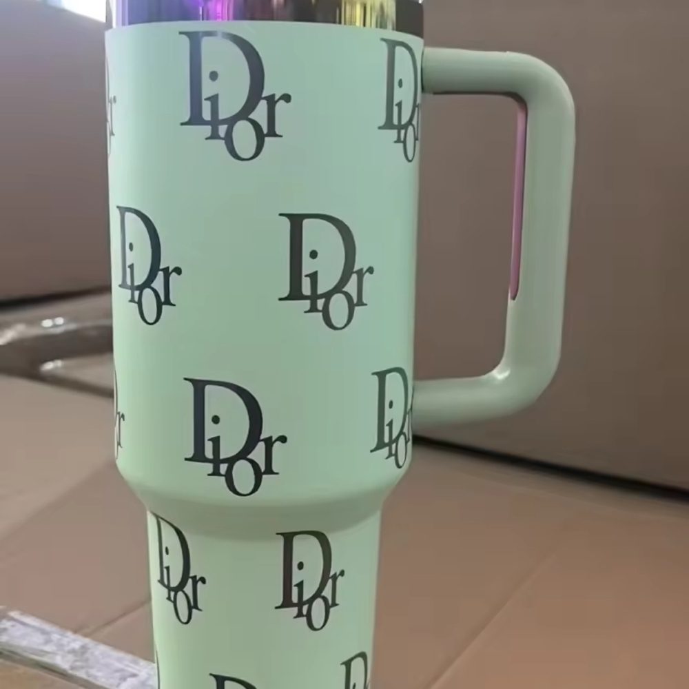 Custom Dior Mint Green Logo Travel Mug with Handle and Repeat Monogram